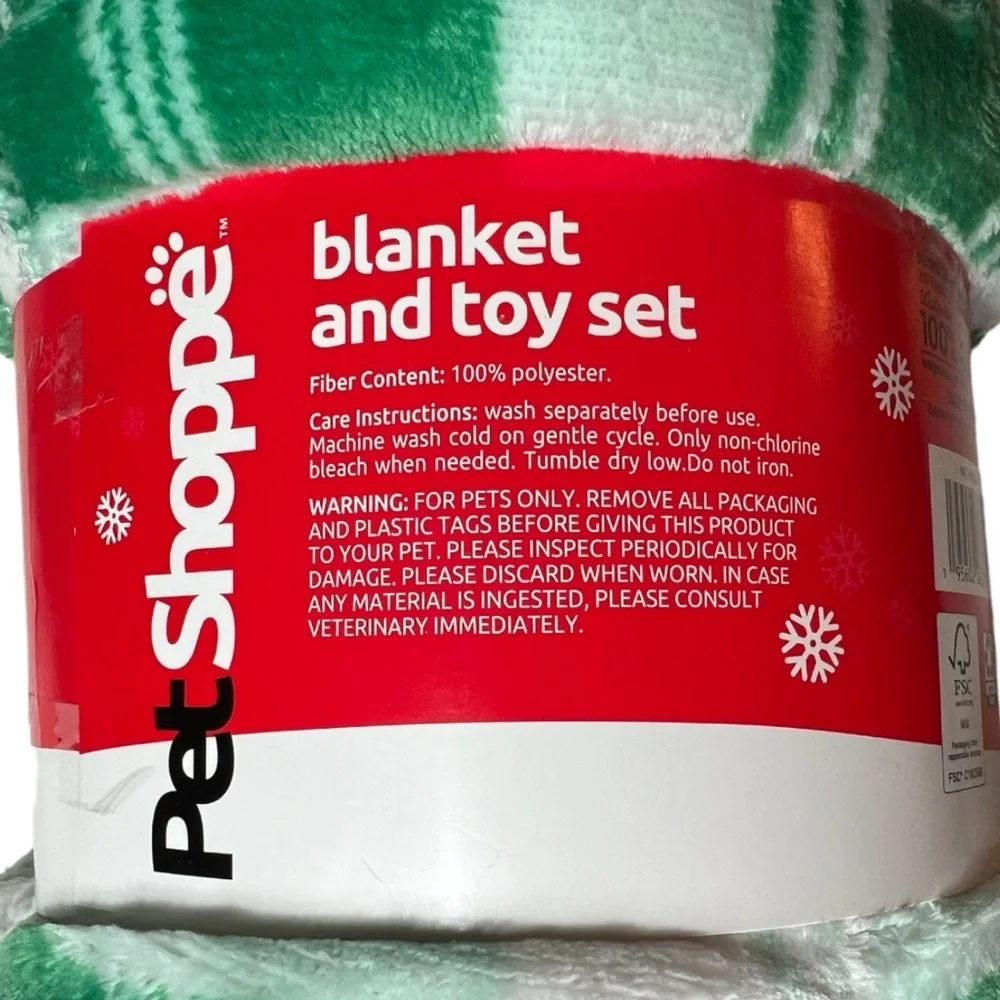 NWT Pet Shoppe Green and White Blanket & Toy Bone with Squeaker Set